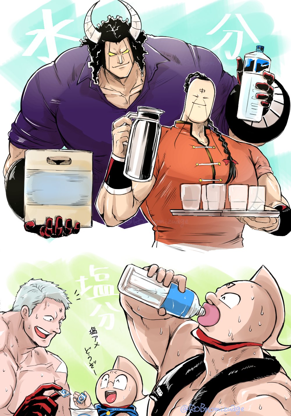 5boys alexandria_meat angel_wings biceps blonde_hair buffaloman casual chinese_clothes clenched_hands dated drink fighting_stance highres holding holding_drink kinniku_suguru kinnikuman kinnikuman_(character) large_pectorals looking_at_viewer manly multiple_boys muscular pectorals ramenman rikishiman shirt short_hair shoulder_tattoo standing star_(symbol) sweat tattoo terryman wings wrestling wrestling_outfit