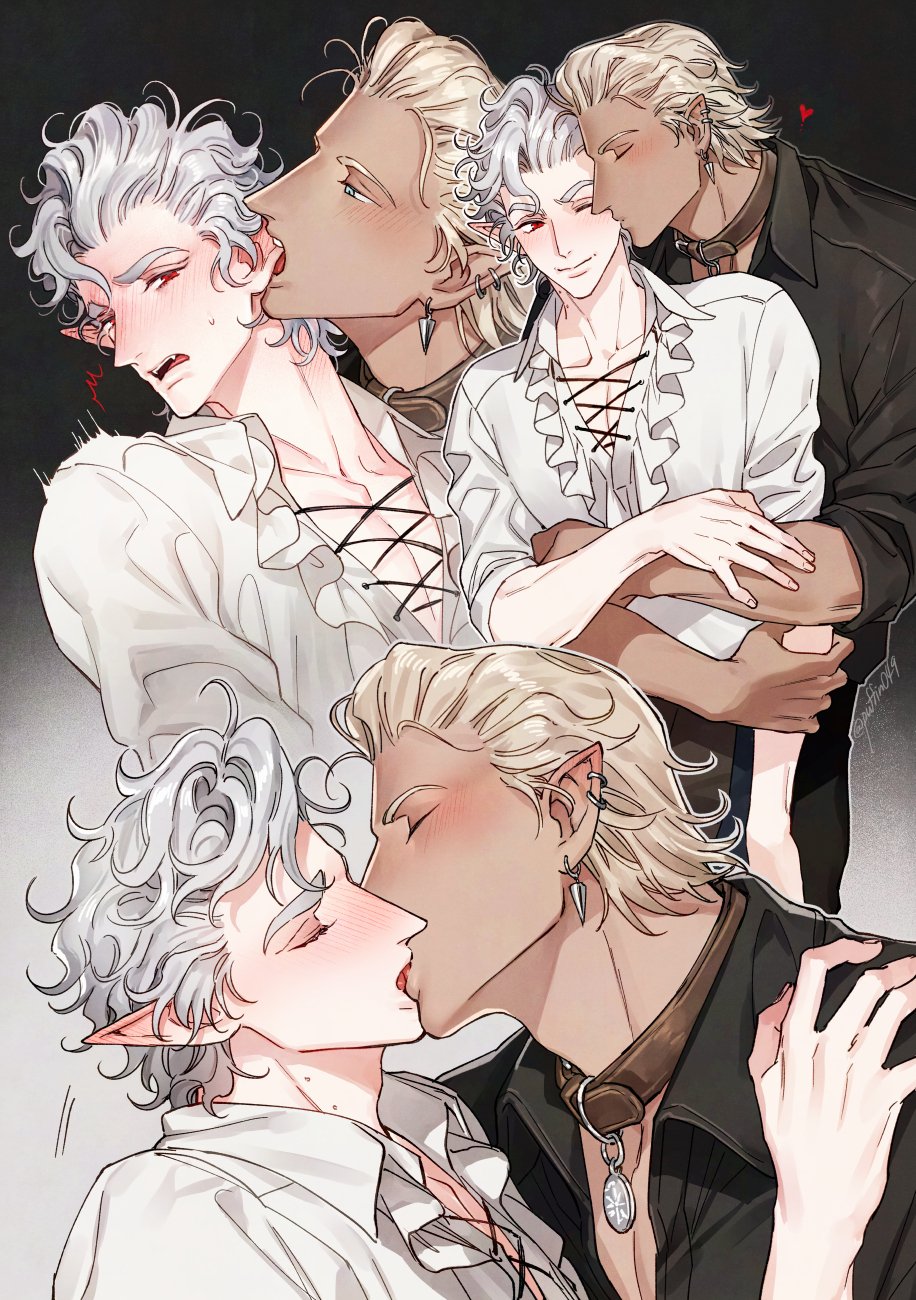 2boys animal_collar astarion baldur&#039;s_gate baldur&#039;s_gate_3 bite_mark biting biting_ear blonde_hair blue_eyes collar curly_hair dark-skinned_male dark_skin dungeons_&amp;_dragons dungeons_&amp;_dragons fangs gradient_background highres hug hug_from_behind kiss male_focus multiple_boys multiple_views pale_skin poet_shirt pointy_ears shirt short_hair tav_(baldur&#039;s_gate) vampire white_hair white_shirt wild5lee yaoi