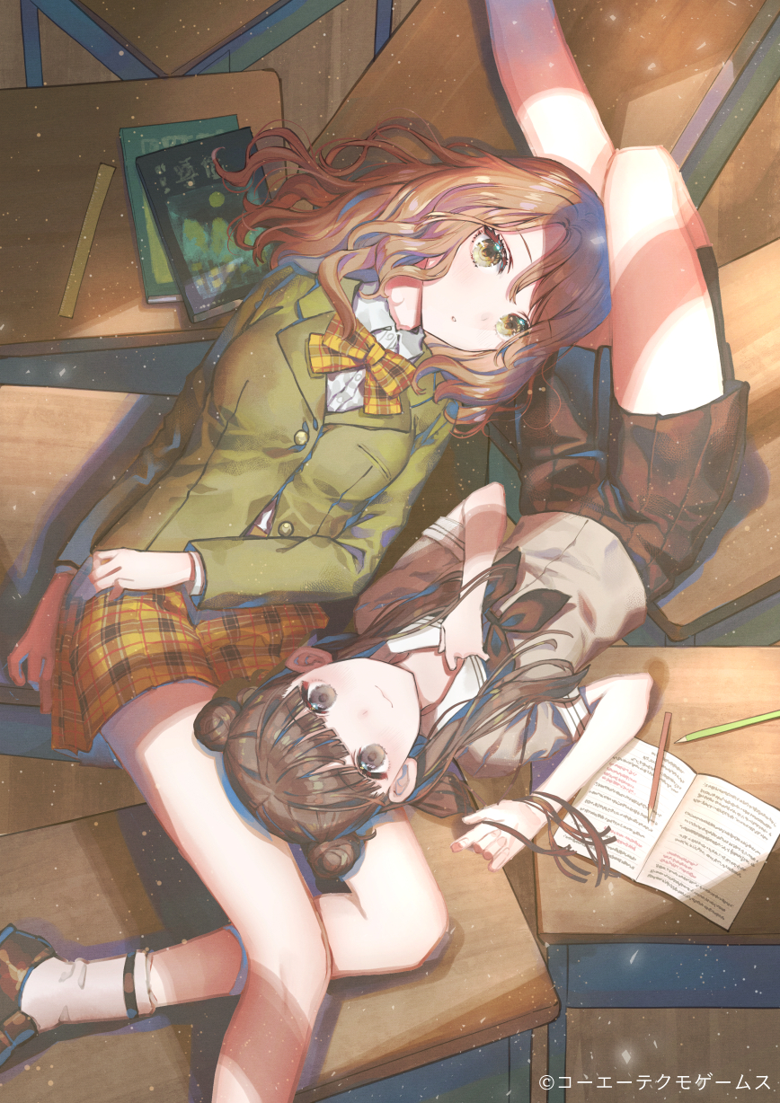 2girls :3 blazer blouse blue_reflection_(series) blue_reflection_tie book bow bowtie breasts brown_eyes brown_footwear brown_hair brown_legwear brown_neckerchief character_request collared_shirt double_bun feet_out_of_frame from_above fujimi_nanna green_eyes green_jacket hair_bun hand_on_own_chest highres jacket kinjou_yuki knee_up kneehighs lap_pillow light_particles loafers long_hair long_sleeves looking_at_viewer lying medium_breasts miniskirt miyauchi_rena multiple_girls neckerchief on_back on_table open_book pencil plaid_bow plaid_bowtie plaid_clothes pleated_skirt ruler school_uniform serafuku shirt shoes short_sleeves skirt socks table upside-down wavy_hair white_shirt yellow_bow yellow_bowtie yellow_skirt yuri