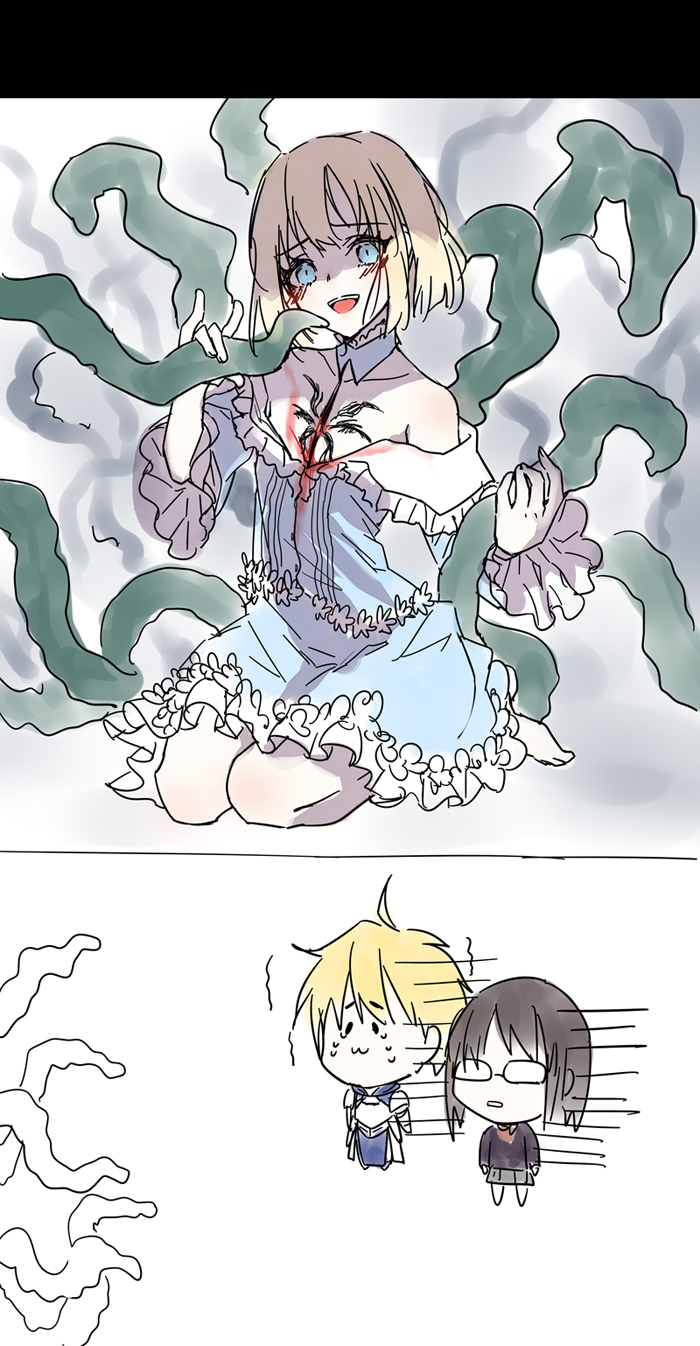 armor arthur_pendragon_(fate) bare_shoulders barefoot black_hair blonde_hair blood blue_eyes blush choker comic dress fate/prototype fate_(series) frills glasses highres open_mouth sajou_ayaka_(fate/prototype) sajou_manaka short_hair skirt tattoo tears tentacles