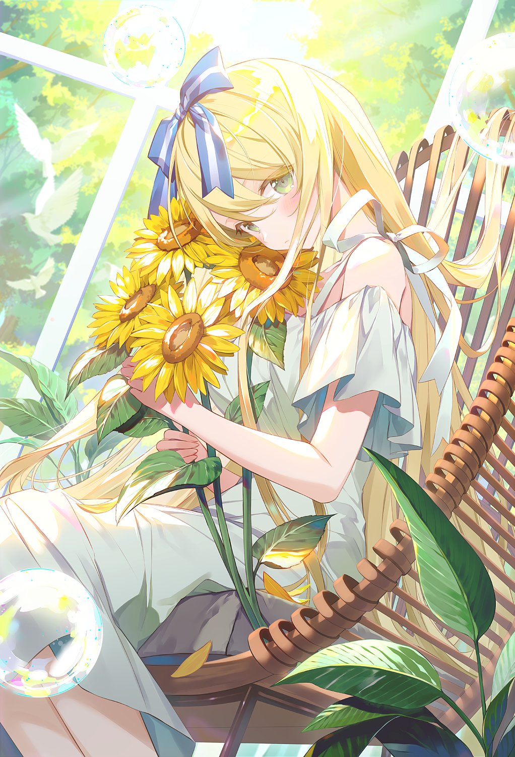 1girl bare_shoulders blonde_hair blush bow bubble commentary day detached_sleeves dress english_commentary flower green_dress green_eyes hair_bow hair_ornament highres holding holding_flower ibara_riato indoors long_hair looking_at_viewer off-shoulder_dress off_shoulder original sitting solo sunflower sunlight tree window