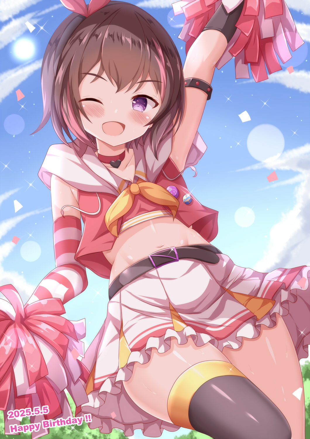 1girl ;d arm_up black_hairband black_thighhighs blue_sky blush brown_hair cheerleader cloud collared_shirt commentary_request crop_top dated day drawstring frilled_skirt frills hairband happy_birthday highres hood hood_down hooded_jacket jacket looking_at_viewer midriff multicolored_hair navel one_eye_closed ongeki open_clothes open_jacket open_mouth outdoors pink_hair pink_jacket pink_shirt pleated_skirt pom_pom_(cheerleading) purple_eyes shirt single_thighhigh skirt sky sleeveless sleeveless_jacket smile solo streaked_hair thighhighs white_skirt xenon_(for_achieve) yuuki_riku