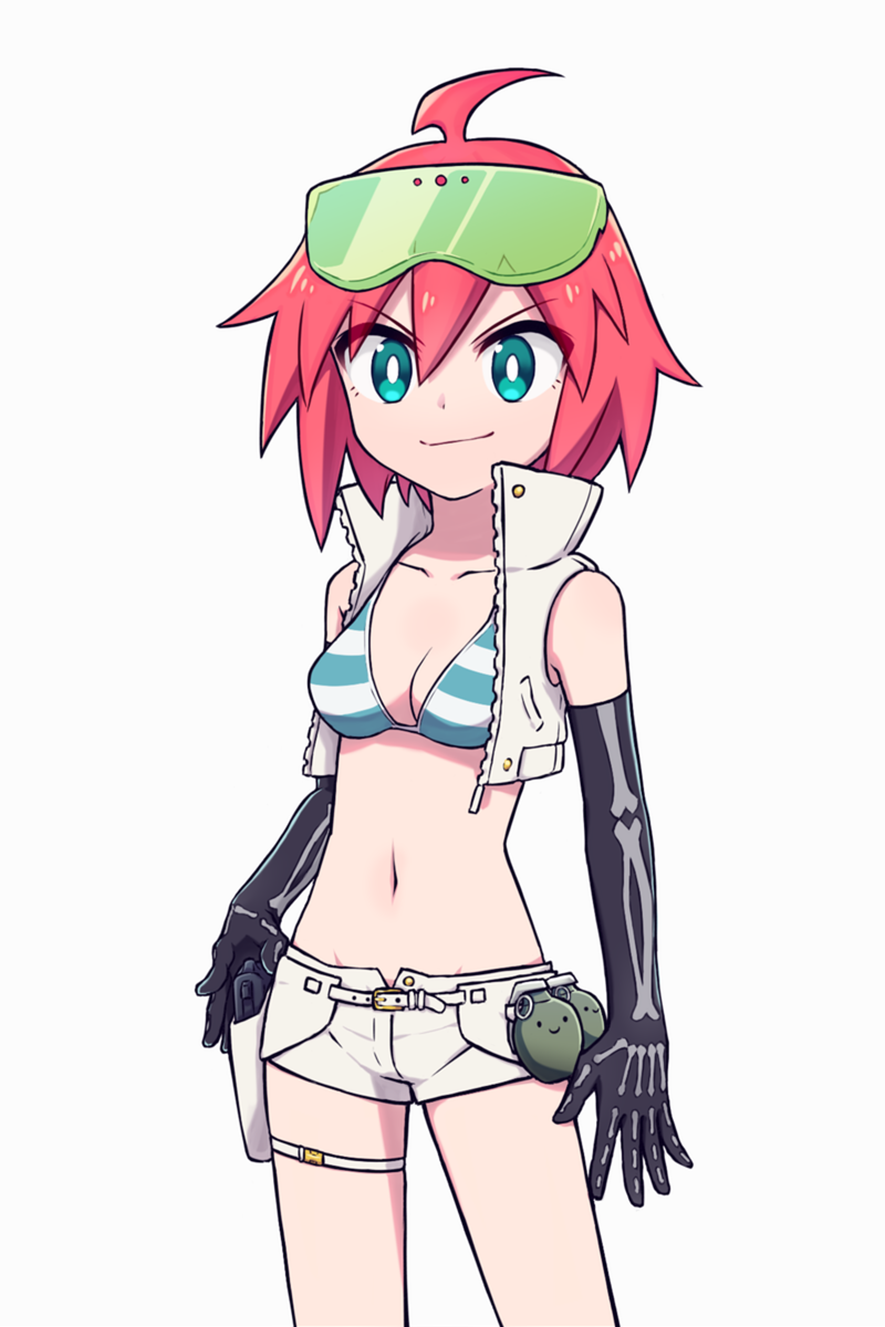 1girl ahoge aqua_eyes bare_shoulders bikini bikini_top_only black_gloves breasts bright_pupils cleavage cowboy_shot cropped_jacket elbow_gloves explosive eyewear_on_head female_focus frag_(trigger) gloves grenade grey_background highres holster mt.somo navel red_hair safety_glasses short_hair short_shorts shorts simple_background skeleton_print smile solo standing striped_bikini striped_clothes swimsuit thigh_strap trigger-chan trigger_(company) uchuu_patrol_luluco