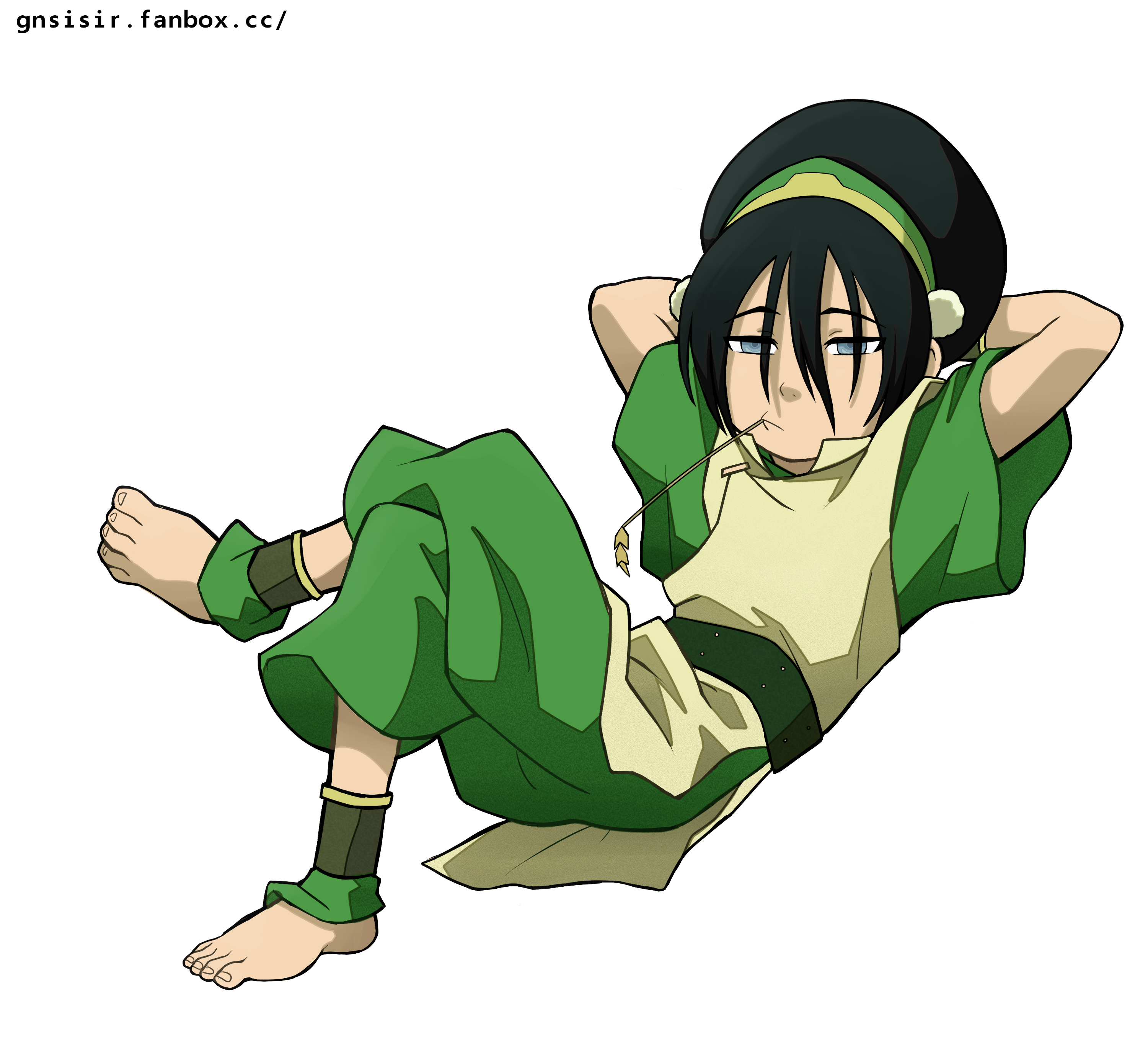 1girl absurdres arms_behind_head avatar:_the_last_airbender avatar_legends barefoot black_hair blue_eyes commentary full_body gnsisir green_pants highres lying mouth_hold on_back pants sitting solo stalk_in_mouth toes toph_beifong transparent_background wheat