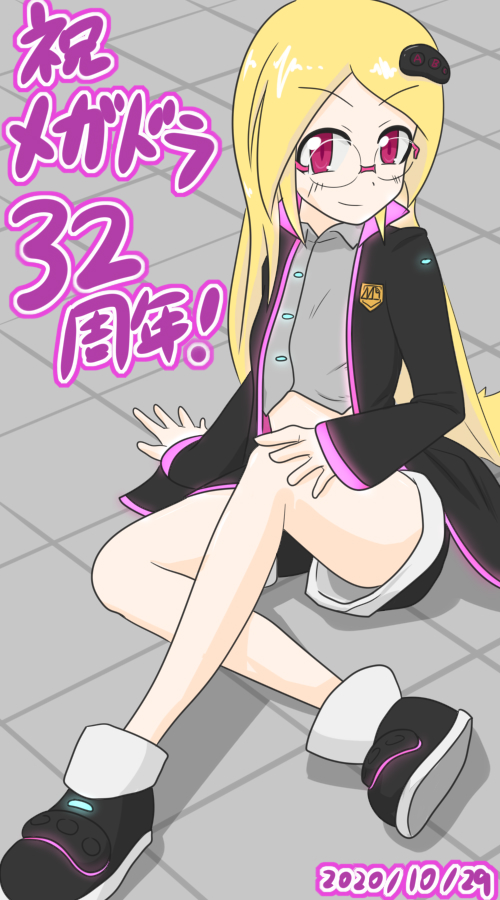 1girl blonde_hair borapy dated game_console midriff_peek sega_hard_girls sega_mega_drive sega_mega_drive_(sega_hard_girls) thighs