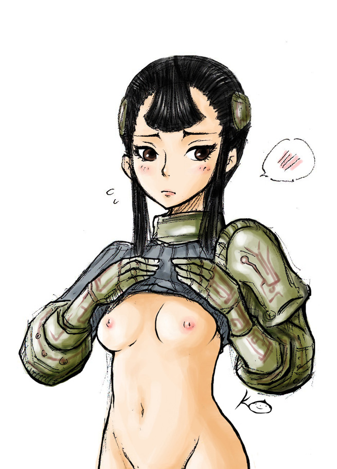 1girl ashei black_hair blush bottomless breasts breasts_apart brown_eyes embarrassed female_focus flying_sweatdrops gloves kurita nintendo out-of-frame_censoring self_exposure sidelocks simple_background small_breasts small_nipples solo speech_bubble spoken_blush standing the_legend_of_zelda the_legend_of_zelda:_twilight_princess white_background