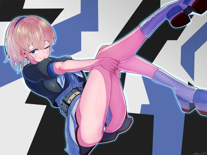 1girl belt black_shirt blue_eyes boots breasts brown_belt brown_hair commentary_request grey_neckerchief high_side_ponytail intrepid_(kancolle) kantai_collection large_breasts looking_at_viewer multicolored_background neckerchief panties shirt short_hair solo underwear white_panties yoko_hata