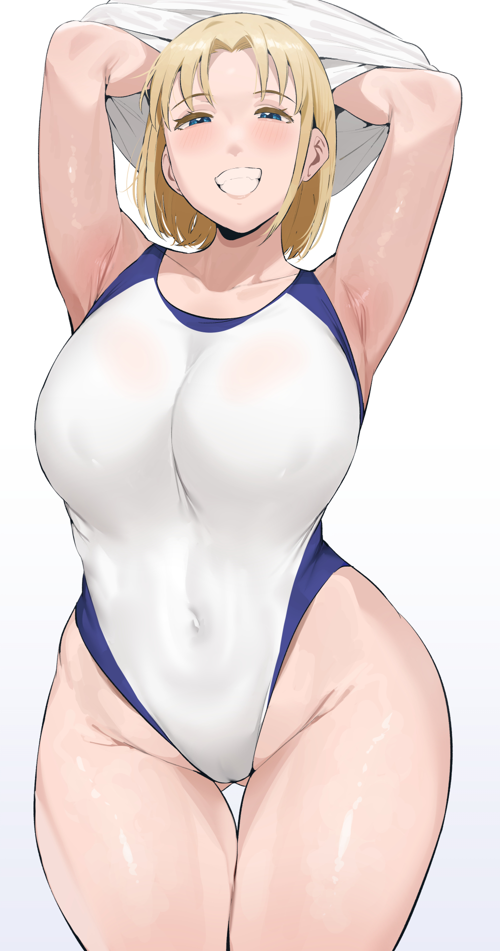 1girl armpits blonde_girl_(okpriko) blonde_hair blue_eyes blue_one-piece_swimsuit breasts commentary covered_navel gluteal_fold half-closed_eyes highleg highleg_one-piece_swimsuit highres large_breasts looking_at_viewer okpriko one-piece_swimsuit original shirt short_hair simple_background solo swimsuit thigh_gap two-tone_one-piece_swimsuit undressing white_one-piece_swimsuit white_shirt