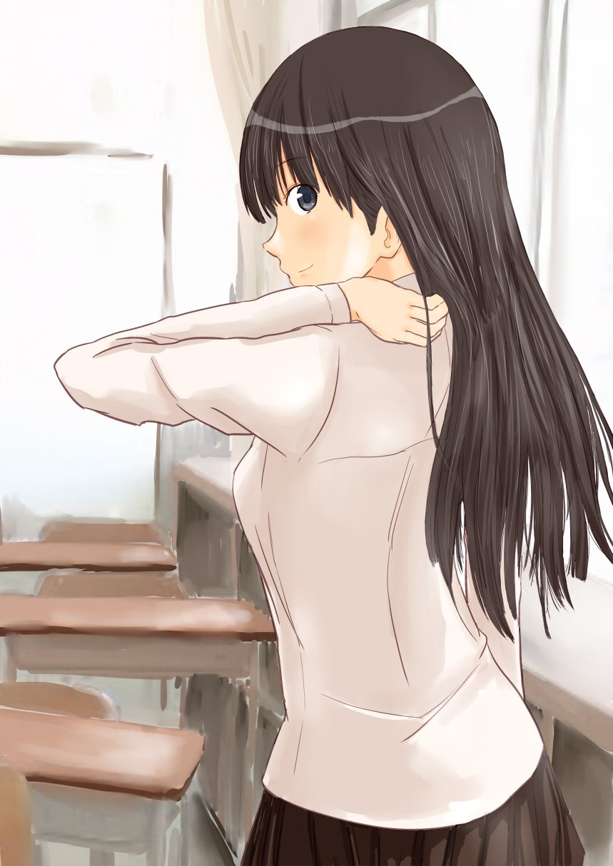 1girl adjusting_hair amagami ayatsuji_tsukasa black_eyes black_hair closed_mouth from_behind highres indoors long_hair looking_at_viewer looking_back pleated_skirt profile saitou_shouki shirt skirt solo straight_hair white_shirt
