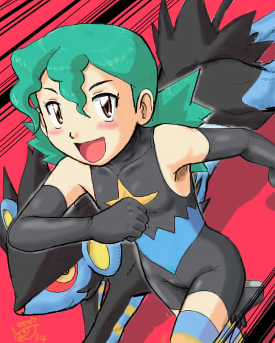 1girl aged_down armpits bare_shoulders blush gen_4_pokemon gouguru green_hair jenny_(pokemon) long_glove luxray marble_(pokemon) nintendo official_alternate_costume orange_eyes pokemon pokemon_(anime) pokemon_dp059 running skin_tight spandex striped_clothes striped_thighhighs thighhighs