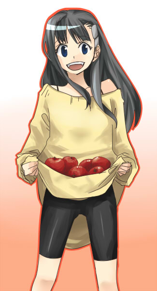 00s 1girl apple bike_shorts bk black_hair female_focus food fruit gradient_background kiyal_bachika latex legs_apart long_hair mudo_(saji) off_shoulder orange_background outline skirt_basket solo standing tengen_toppa_gurren_lagann