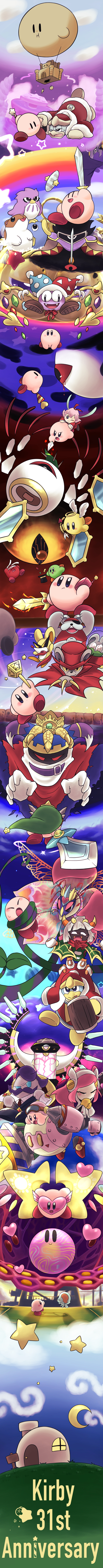 absurdres anniversary bird bow character_request coo_(kirby) copyright_request crescent_moon cupid_kirby daroach doc_(kirby) eyepatch facial_hair fish goggles goggles_on_headwear hair_ribbon halo hamster hat heart highres holding holding_sword holding_weapon horns incredibly_absurdres jester_cap k_aron33 kine_(kirby) king_dedede kirby kirby&#039;s_dream_land kirby&#039;s_dream_land_2 kirby:_planet_robobot kirby_(series) kirby_squeak_squad long_image marx_(kirby) max_profitt_haltmann moon mouse_boy multiple_boys multiple_girls mustache nintendo one_eye_closed open_mouth pink_hair purple_hair red_bow red_ribbon ribbon ribbon_(kirby) rick_(kirby) robobot_armor spinni storo sunglasses susie_(kirby) sword sword_kirby tall_image taranza ultra_sword_kirby weapon white_hair wings