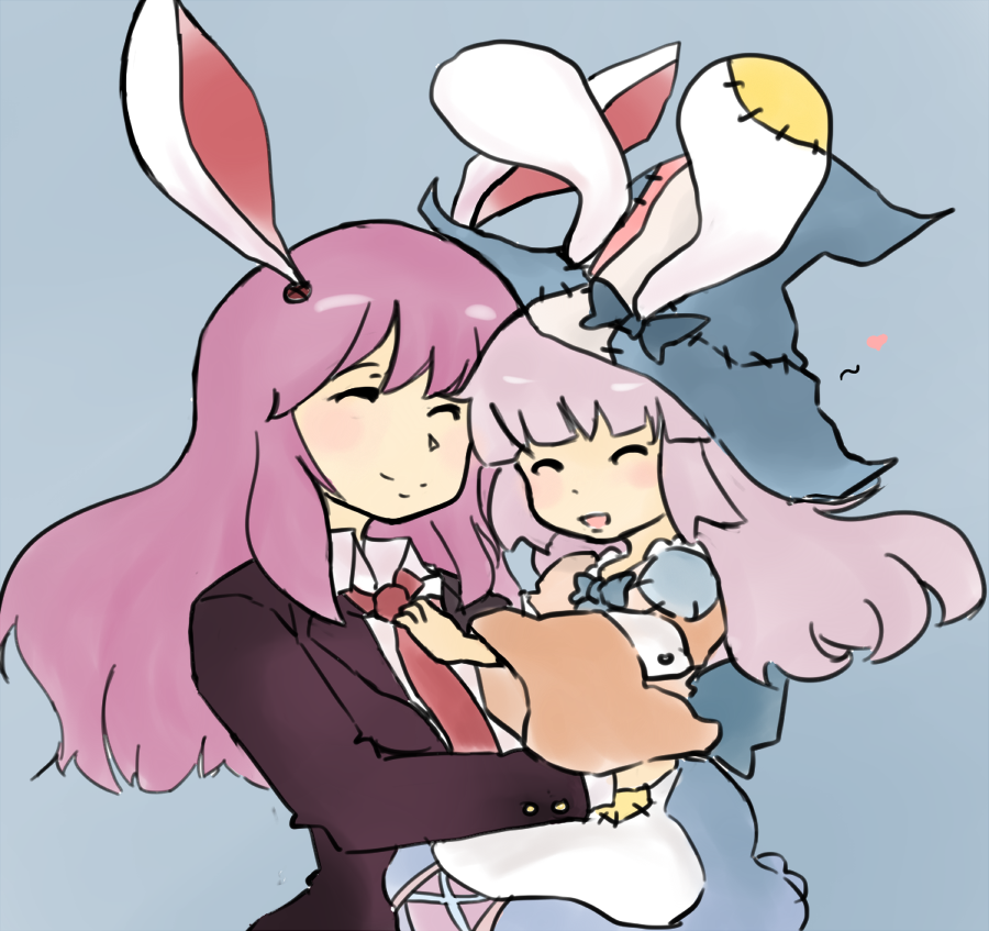 2girls :d ^_^ animal_ears blue_background carrying closed_eyes commentary crossover english_commentary closed_eyes fake_animal_ears formal_clothes hat heart irisu_kyouko irisu_shoukougun! latenight long_hair long_sleeves multiple_girls necktie open_mouth pink_hair rabbit_ears red_neckwear reisen_udongein_inaba simple_background smile suit touhou trait_connection wide_sleeves wing_collar witch_hat