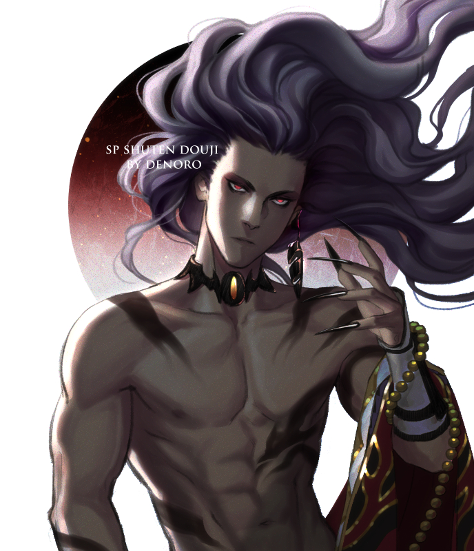 1boy artist_name beads character_name choker closed_mouth collarbone denoro earrings fingernails floating_hair jewelry long_fingernails looking_at_viewer male_focus navel onmyoji pectorals purple_hair red_eyes sharp_fingernails shoulder_tattoo shuten_douji_(onmyoji) single_earring solo tattoo toned toned_male upper_body