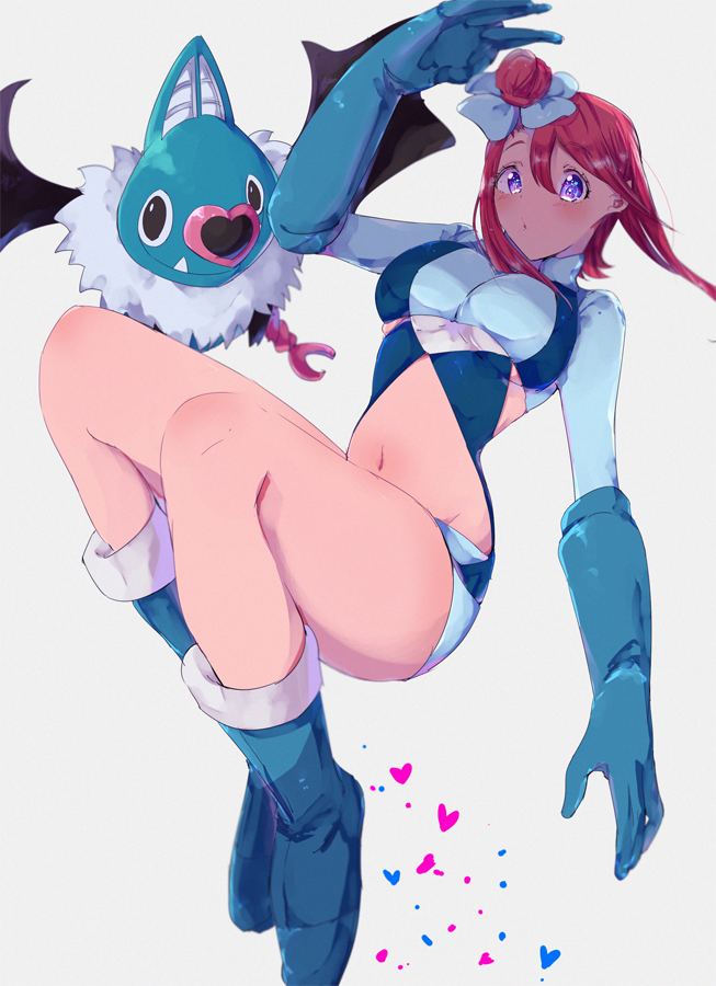 1girl boots female_focus gen_5_pokemon gloves gym_leader long_hair looking_at_viewer nintendo pokemon pokemon_(creature) pokemon_bw ponytail skyla_(pokemon) swoobat