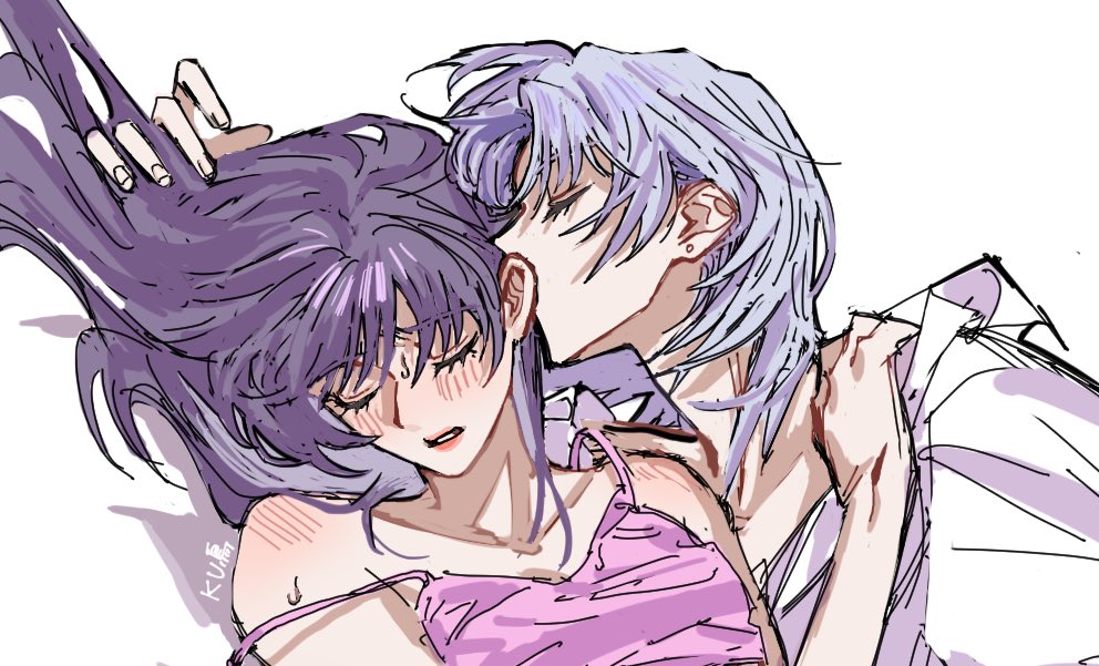 2girls ankea_(a-ramo-do) blue_hair blush camisole closed_eyes collarbone commentary_request dutch_angle earrings hand_on_another&#039;s_shoulder jewelry kissing_ear long_hair multiple_girls parted_lips path_to_nowhere pink_camisole pricilla_(path_to_nowhere) purple_hair shirt shoulder_blush simple_background strap_slip stud_earrings sweatdrop tetra_(path_to_nowhere) upper_body white_background white_shirt yuri