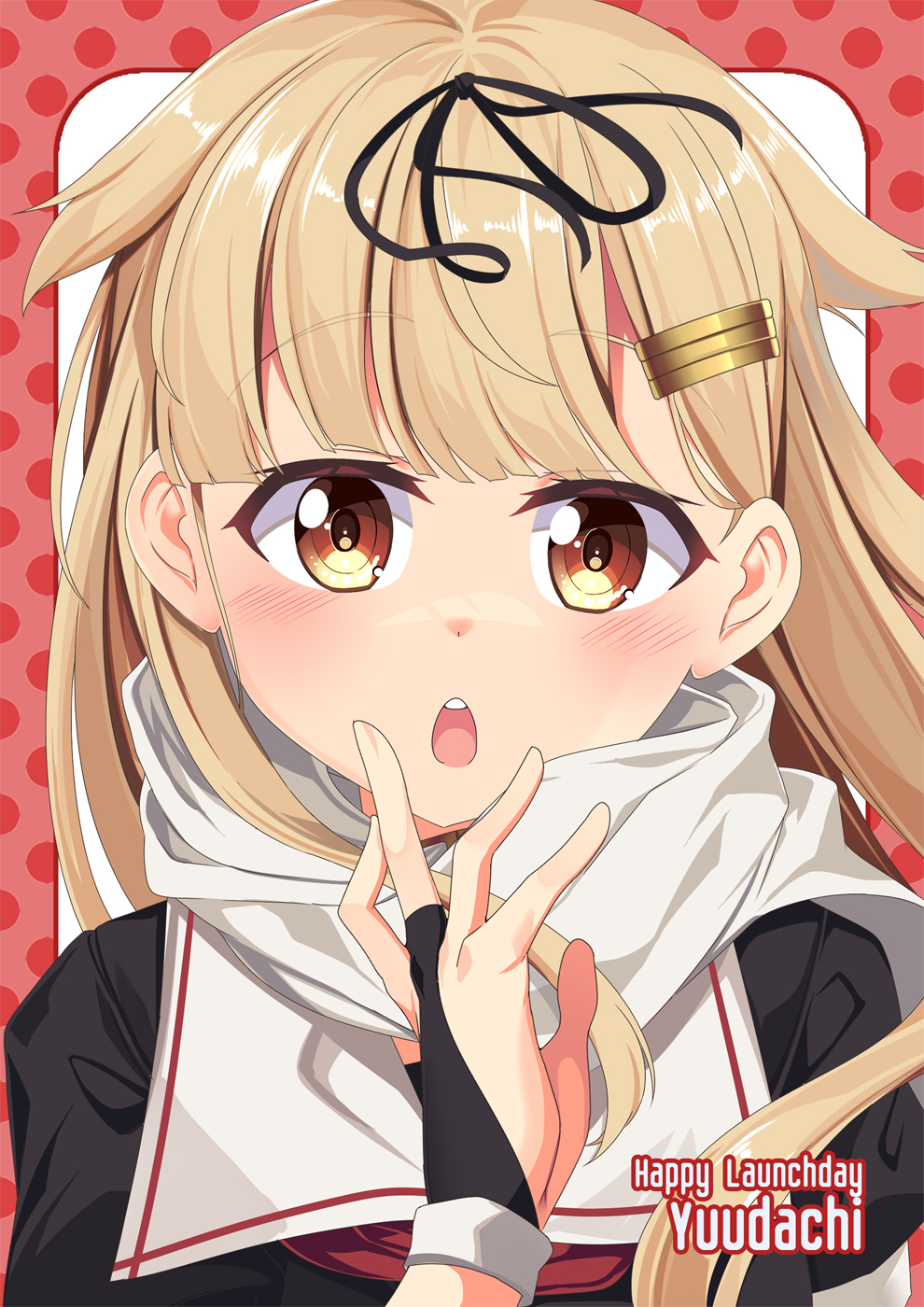 1girl black_gloves black_ribbon black_serafuku blonde_hair bridal_gauntlets brown_eyes gloves hair_flaps hair_ornament hair_ribbon hairclip highres kantai_collection long_hair looking_at_viewer neckerchief open_mouth poi red_neckerchief ribbon scarf school_uniform serafuku short_sleeves solo very_long_hair white_scarf yasume_yukito yuudachi_(kancolle) yuudachi_kai_ni_(kancolle)