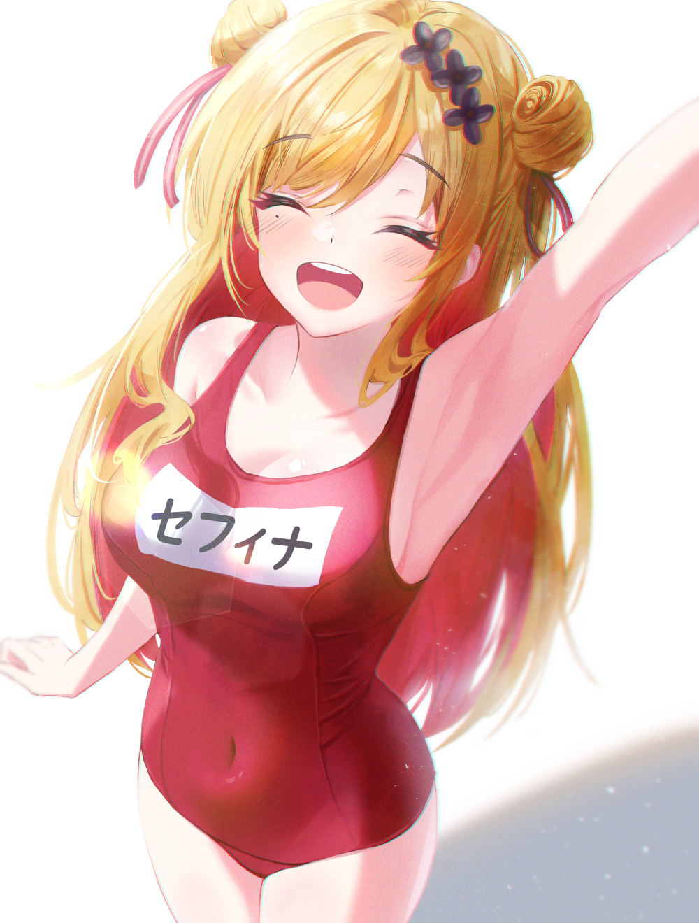 1girl :d ^_^ arm_up armpits blonde_hair blush breasts ciawasemono cleavage closed_eyes collarbone covered_navel cowboy_shot double_bun hair_bun highres long_hair mole mole_under_eye name_tag nijisanji nijisanji_kr old_school_swimsuit one-piece_swimsuit open_mouth red_one-piece_swimsuit school_swimsuit seffyna smile solo swimsuit teeth upper_teeth_only virtual_youtuber
