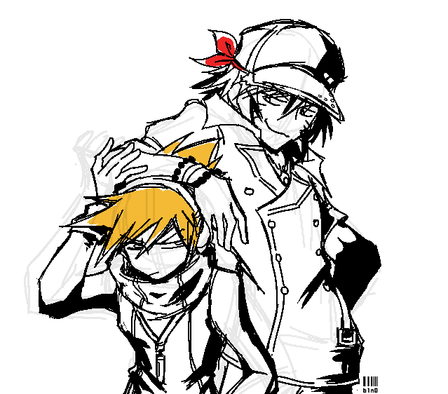 2boys :3 annoyed arm_on_own_head b1n04 bandana baseball_cap collared_jacket eyebrows facial_mark frown hat headphones high_collar jacket male_focus minamimoto_sho mp3_player multiple_boys orange_hair sakuraba_neku sketch spiked_hair subarashiki_kono_sekai tattoo whisker_markings wristband