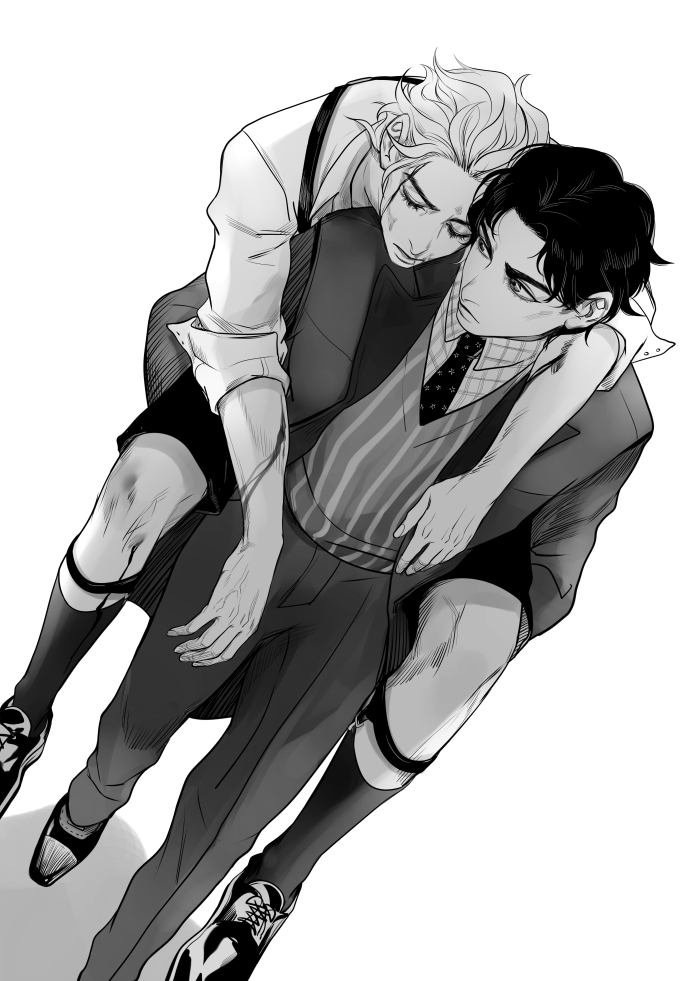 2boys blood carrying dio_brando dirty dutch_angle formal_clothes from_above greyscale jojo_no_kimyou_na_bouken jonathan_joestar kilva_lollop kneehighs monochrome multiple_boys necktie piggyback shirt sleeves_rolled_up socks striped_clothes striped_shirt vest
