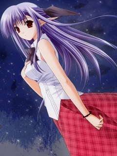 00s 1girl blouse bracelet female_focus half_updo jewelry long_hair lowres nerine non-web_source plaid_clothes plaid_skirt pointy_ears purple_hair qvga red_eyes shirt shuffle! skirt sleeveless sleeveless_shirt solo suzuhira_hiro white_shirt