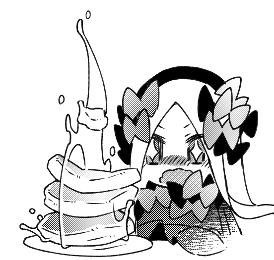 1girl abigail_williams_(fate) blush bow butter dress fate/grand_order fate_(series) food greyscale hair_bow hat long_hair maple_syrup monochrome multiple_hair_bows open_mouth pancake pancake_stack parted_bangs simple_background solo sparkling_eyes syrup ume_(pickled_plum) very_long_hair