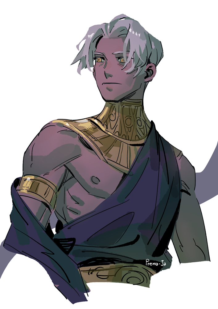 1boy armlet bare_pectorals bare_shoulders black_robe closed_mouth commentary cropped_arms cropped_torso dark-skinned_male dark_skin english_commentary greco-roman_clothes hades_(series) hades_1 jewelry looking_to_the_side male_focus nipples parted_bangs pectorals pixiv_username prema-ja robe sideways_glance simple_background solo thanatos_(hades) white_background white_hair yellow_eyes