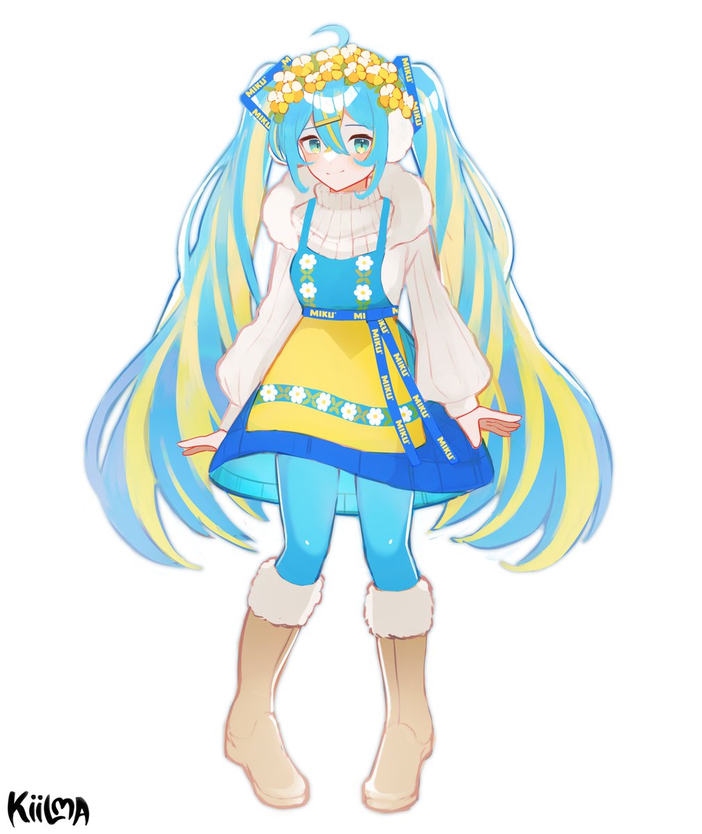 1girl ahoge apron aqua_eyes aqua_hair aqua_pantyhose blonde_hair boots commentary daisy dress english_commentary floral_print flower full_body fur-trimmed_boots fur_trim hatsune_miku head_wreath highres kiilmavt long_sleeves multicolored_hair pantyhose solo streaked_hair sverigedrakten sweater sweden swedish_clothes swedish_flag turtleneck two-tone_hair vocaloid waist_apron white_background worldwide_miku
