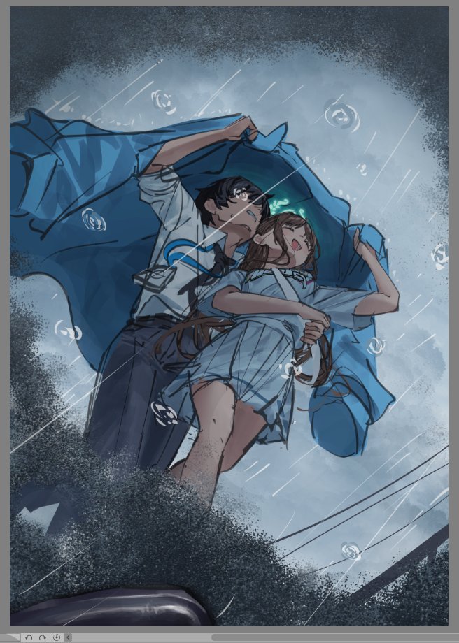 1boy 1girl :d airi_(band)_(blue_archive) airi_(blue_archive) art_program_in_frame bag betabeet black_hair black_necktie blue_archive blue_jacket blue_pants brown_hair closed_eyes collared_shirt green_halo halo handbag id_card improvised_umbrella jacket lanyard long_hair long_sideburns necktie open_mouth outdoors pants pleated_skirt print_shirt rain reflection reflective_water sensei_(blue_archive) shared_improvised_umbrella shirt short_sleeves sideburns skirt sleeves_rolled_up smile sweat teeth very_long_hair white_shirt