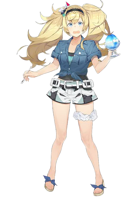 1girl akira_(kadokawa) belt blonde_hair blue_eyes blue_shirt breast_pocket breasts buttons cleavage collared_shirt female_focus food full_body gambier_bay_(kancolle) gambier_bay_(summer)_(kancolle) hair_between_eyes hairband kantai_collection large_breasts official_art pocket sandals shaved_ice shirt short_sleeves shorts solo transparent_background twintails