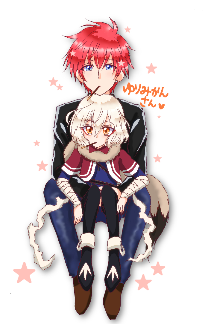 10s 2boys bad_id bad_pixiv_id bicine_(precure) food harryham_harry hugtto!_precure looking_at_another male_focus multiple_boys pocky precure red_hair reira_(reomimi0211) simple_background sitting sitting_on_lap sitting_on_person star_(symbol) white_background white_hair