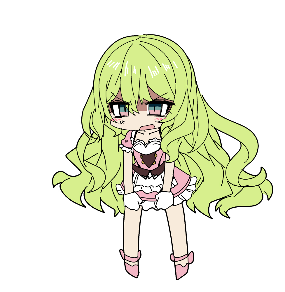 1girl anger_vein apron blue_eyes blush chibi chibi_only dress frilled_apron frilled_dress frills full_body gloves green_hair honkai_(series) honkai_impact_3rd long_hair mobius_(honkai_impact) nabeiro_kin open_mouth pink_dress pink_shoes puffy_short_sleeves puffy_sleeves shoes short_sleeves simple_background solo standing v-shaped_eyebrows very_long_hair waist_apron white_apron white_background white_gloves