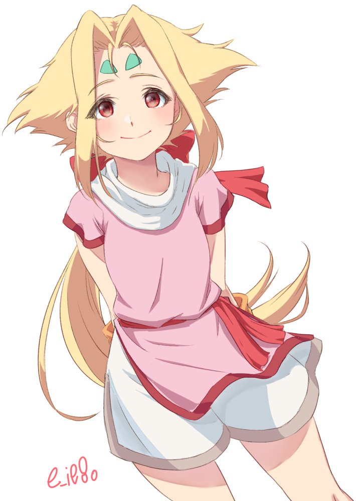 1girl blonde_hair blush breasts closed_mouth facial_mark fiona_(zoids) forehead_mark hair_ribbon long_hair looking_at_viewer nyantiu ponytail red_eyes ribbon simple_background small_breasts smile solo very_long_hair white_background zoids