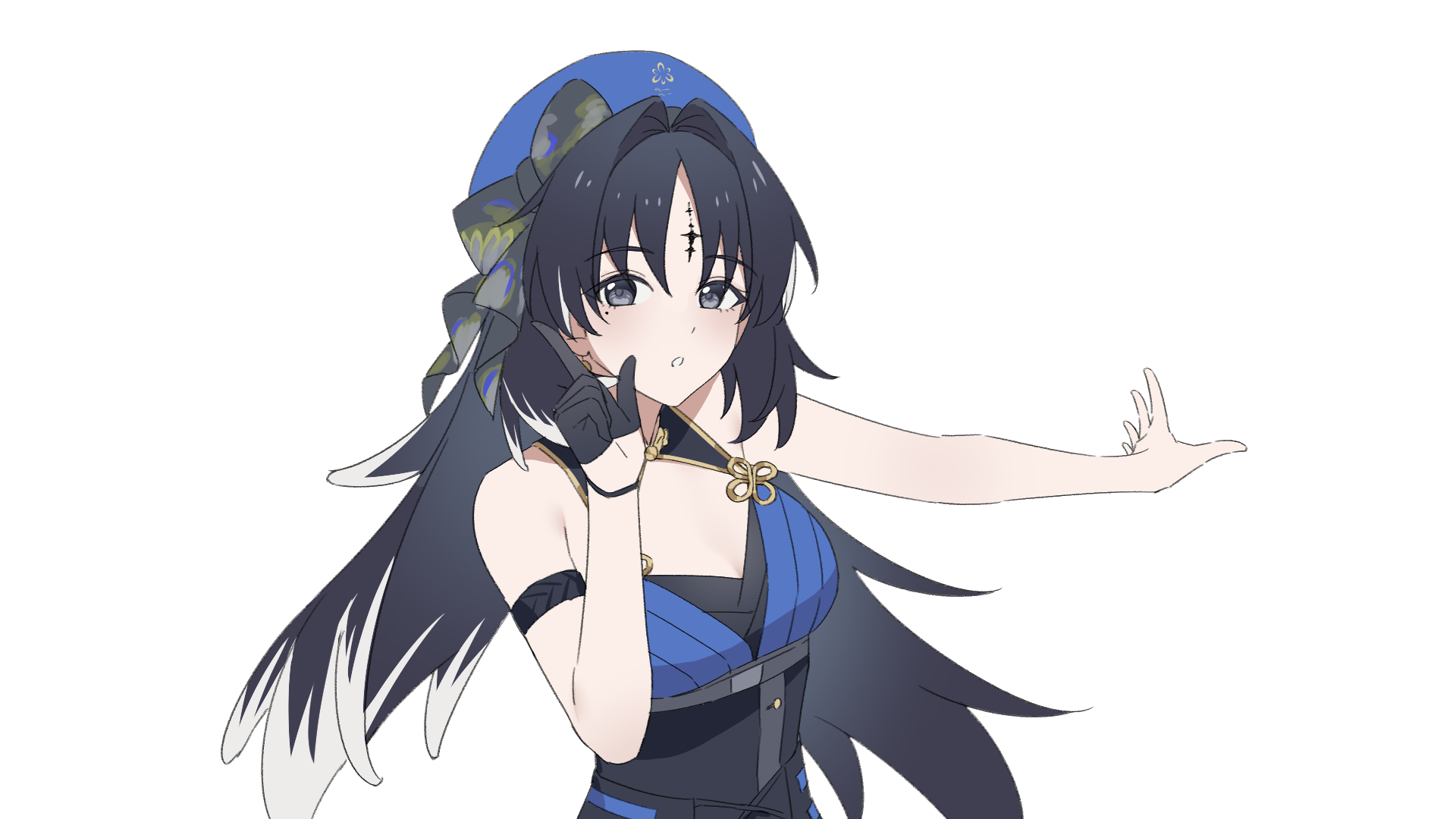1girl bare_shoulders beret black_dress black_eyes black_gloves black_hair blue_dress bow breasts chinese_commentary cleavage commentary_request hoshino_ruby_dance dress facial_mark feather_hair forehead_mark gloves hair_intakes half_gloves hat highres holding kohane_kun long_hair looking_at_viewer meme mole mole_under_eye parted_bangs simple_background sleeveless sleeveless_dress solo very_long_hair white_background wuthering_waves yangyang_(wuthering_waves)