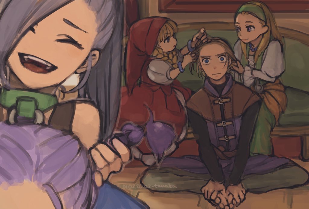 2boys 3girls barefoot bead_necklace beads black_tank_top blonde_hair blue_eyes bracelet braid brown_hair closed_eyes commentary_request couch dragon_quest dragon_quest_xi dress green_dress green_hairband green_pants greig_(dq11) hair_slicked_back hairband hand_in_another&#039;s_hair hat hero_(dq11) holding_another&#039;s_hair hotaru1012 indoors jewelry juliet_sleeves long_hair long_sleeves looking_at_another looking_at_viewer low_twin_braids martina_(dq11) medium_hair multiple_boys multiple_girls necklace o-ring o-ring_top on_couch on_floor open_mouth orange_sash pants ponytail puffy_short_sleeves puffy_sleeves purple_hair purple_tunic red_dress red_hat senya_(dq11) shirt shirt_under_dress short_sleeves siblings sisters sitting smile tank_top teeth tunic twin_braids twins upper_teeth_only veronica_(dq11) white_shirt wide-eyed