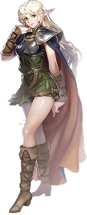 1girl artist_request belt blonde_hair boots bracelet breasts cape character_request deedlit elf full_body jewelry medium_breasts official_art pointy_ears record_of_lodoss_war skirt smile transparent_background