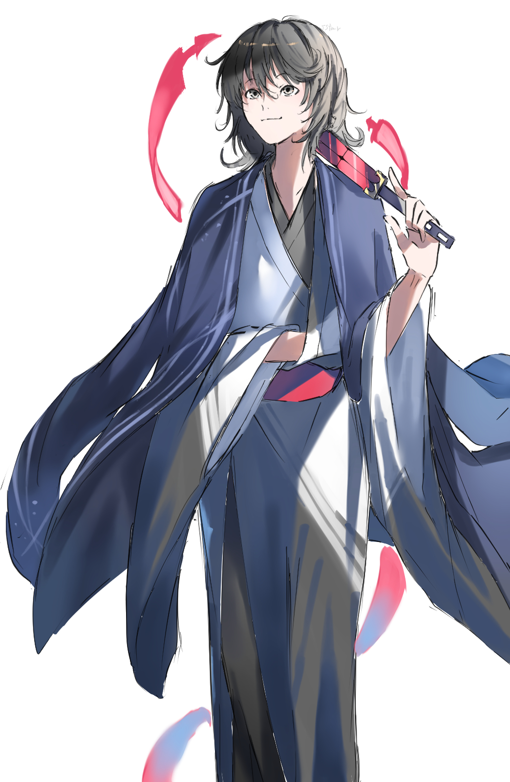 1other androgynous black_hair black_kimono blue_jacket closed_mouth collarbone commentary_request feet_out_of_frame grey_eyes hair_between_eyes hand_in_clothes haori highres holding holding_rod jacket jacket_on_shoulders japanese_clothes kimono len&#039;en long_sleeves looking_ahead medium_hair messy_hair ofuda ofuda_on_clothes other_focus rod senri_tsurubami simple_background smile solo standing two-tone_kimono white_background white_kimono wide_sleeves yoni.