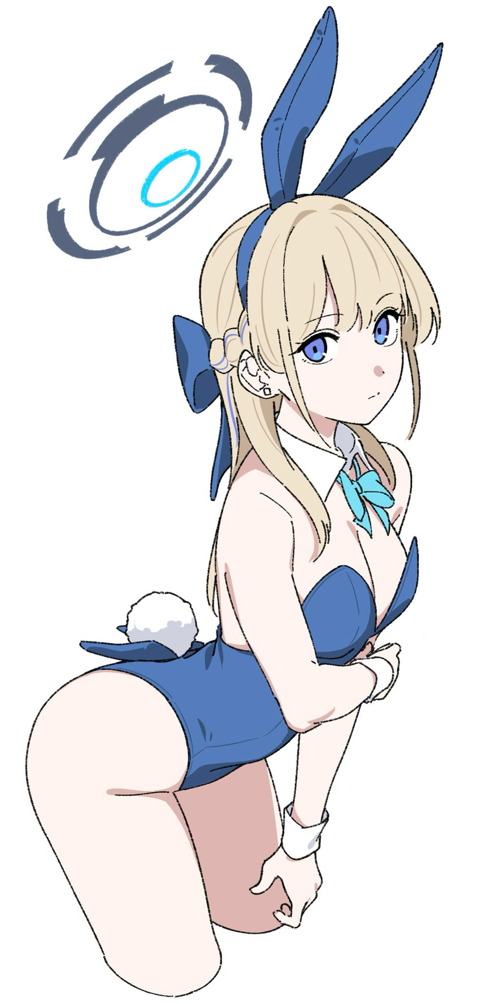 1girl animal_ears aqua_bow aqua_bowtie arched_back backless_leotard bare_shoulders black_halo blonde_hair blue_archive blue_bow blue_eyes blue_hair blue_leotard blunt_bangs bow bowtie braid breasts cleavage closed_mouth detached_collar dot_nose expressionless fake_animal_ears fake_tail hair_bow halo highleg highleg_leotard highres kashiwa_(iersansi) leaning_forward leotard long_hair looking_at_viewer mechanical_halo medium_breasts multicolored_hair playboy_bunny rabbit_ears rabbit_tail sidelocks simple_background solo strapless strapless_leotard streaked_hair tail toki_(blue_archive) toki_(bunny)_(blue_archive) white_background white_wrist_cuffs wrist_cuffs