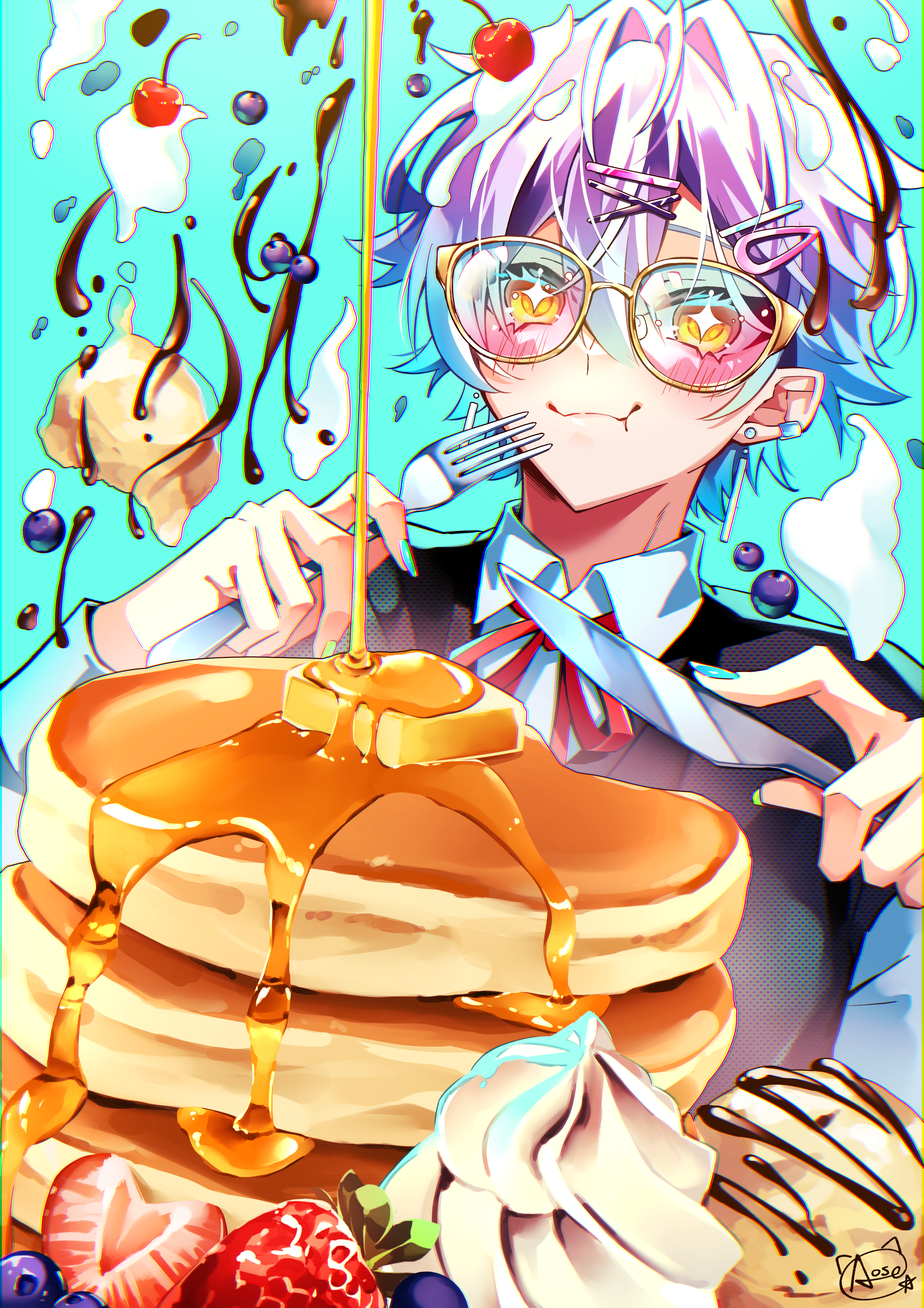 1boy absurdres aose_(_aose242) blueberry blush butter chocolate_syrup closed_mouth collared_shirt commentary eating english_commentary food food-themed_background food_focus food_on_head fork fruit glasses hair_between_eyes hair_ornament hairclip highres holding holding_fork honey ice_cream long_sleeves looking_at_viewer multicolored_hair object_on_head original pancake pancake_stack ribbon shirt sparkling_eyes strawberry strawberry_slice upper_body whipped_cream white_hair x_hair_ornament yellow_eyes