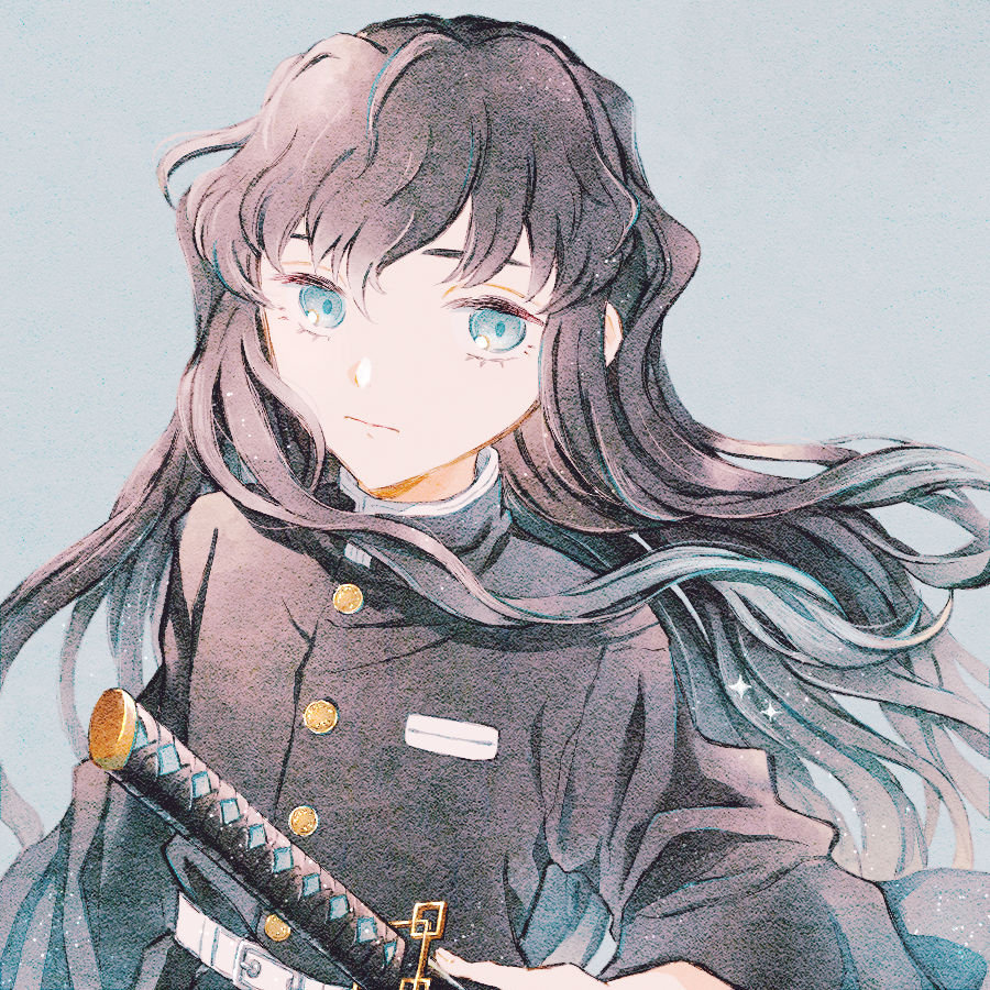 1boy aqua_eyes aqua_hair belt black_hair black_shirt blue_background closed_mouth demon_slayer_uniform gradient_hair holding holding_sword holding_weapon japanese_clothes kimetsu_no_yaiba long_hair long_sleeves looking_at_viewer male_focus multicolored_hair ryokuno_green shirt simple_background solo standing sword tokitou_muichirou two-tone_hair upper_body weapon white_belt