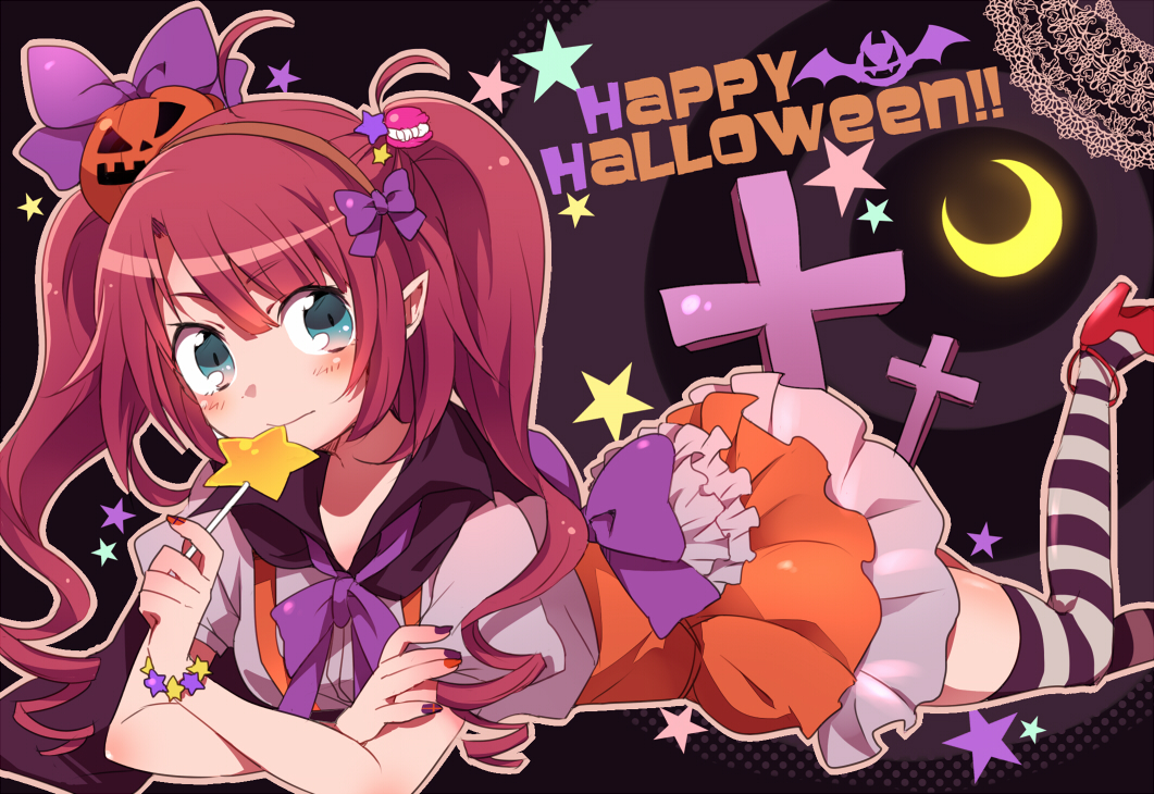 1girl back_bow bat_(animal) black_pantyhose bow bowtie bracelet brown_hair brown_hairband candy closed_mouth commentary cross crossed_arms dress drill_hair english_commentary food food-themed_hair_ornament frilled_dress frills fujisaki_(hjsk) green_eyes grey_dress hair_ornament hairband halloween happy_halloween high_heels holding holding_candy holding_food holding_lollipop jack-o&#039;-lantern jack-o&#039;-lantern_hair_ornament jewelry leg_up lollipop long_hair looking_at_viewer lying macaron_hair_ornament multicolored_nails on_stomach orange_dress original pantyhose pointy_ears puffy_short_sleeves puffy_sleeves purple_bow purple_bowtie red_footwear short_dress short_sleeves smile solo star_(symbol) striped_clothes striped_pantyhose two-tone_dress