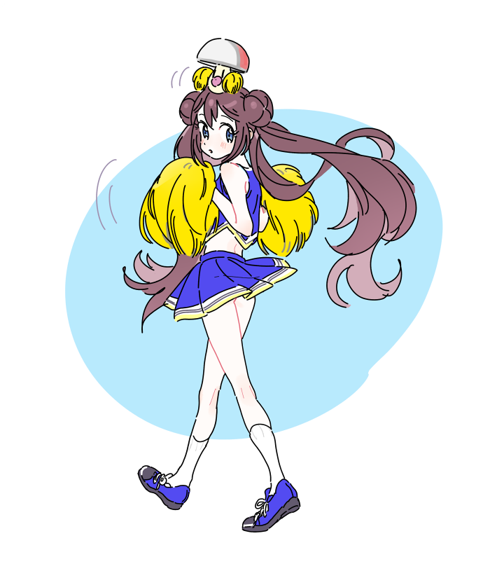 1girl bare_arms blue_eyes blue_shoes blush closed_mouth commentary_request double_bun eyelashes floating_hair foongus gen_5_pokemon hagetapo hair_bun holding holding_pom_poms kneepits long_hair looking_back nintendo pleated_skirt pokemon pokemon_(creature) pokemon_adventures pom_pom_(cheerleading) pom_poms rosa_(pokemon) shirt shoes sidelocks skirt sleeveless sleeveless_shirt socks solo standing twintails white_socks