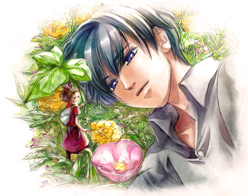 10s annoyed arrietty artist_request bag black_hair dress flower karigurashi_no_arrietty leaf light_smile lying mini_person minigirl ponytail purple_eyes red_dress shirt short_hair shou_(karigurashi_no_arrietty) studio_ghibli