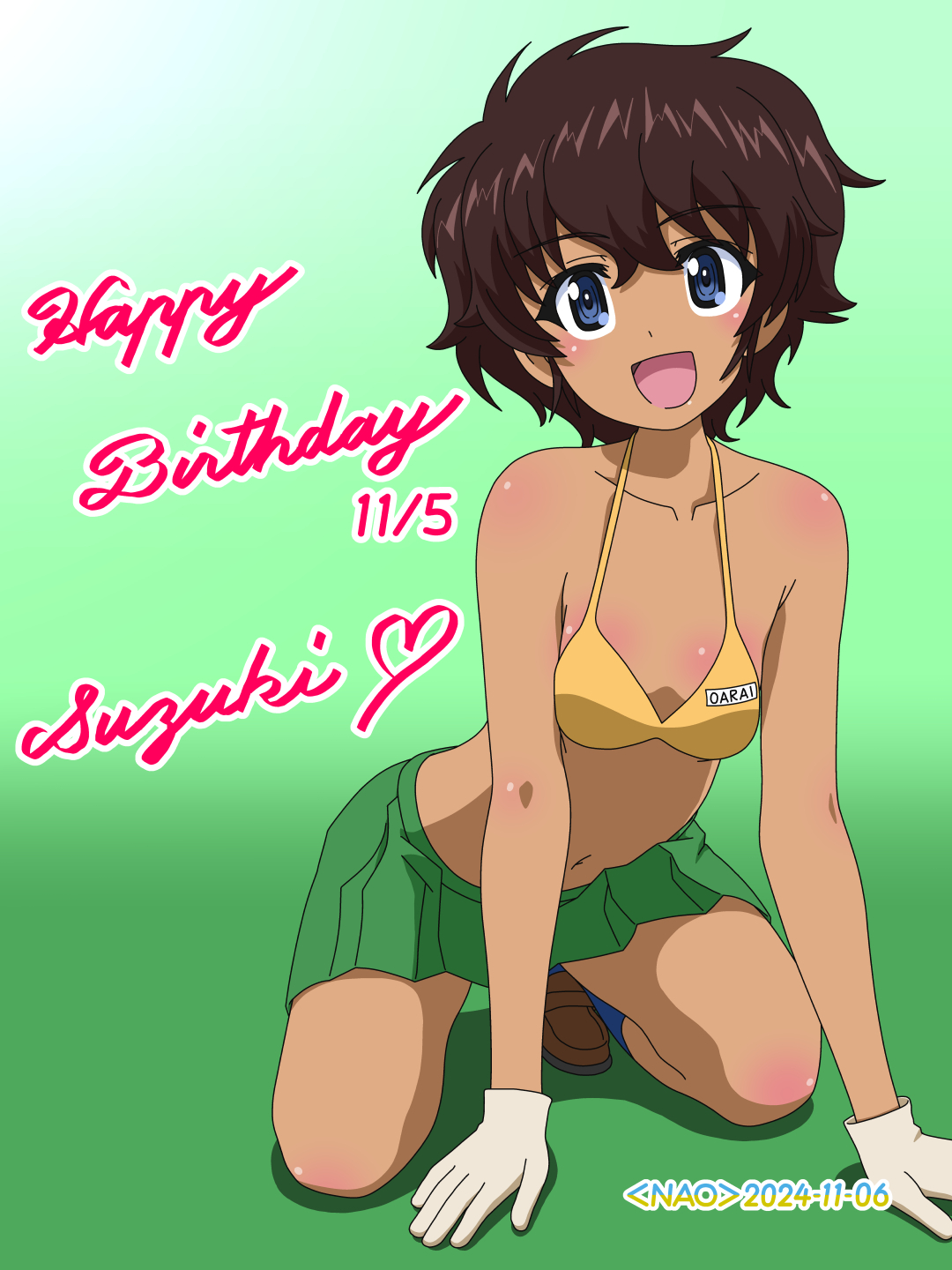 1girl bikini blue_eyes blush brown_hair character_name collarbone dated girls_und_panzer green_skirt happy_birthday highres looking_at_viewer miniskirt naotosi navel ooarai_school_uniform open_mouth school_uniform short_hair signature skirt smile solo suzuki_(girls_und_panzer) swimsuit yellow_bikini