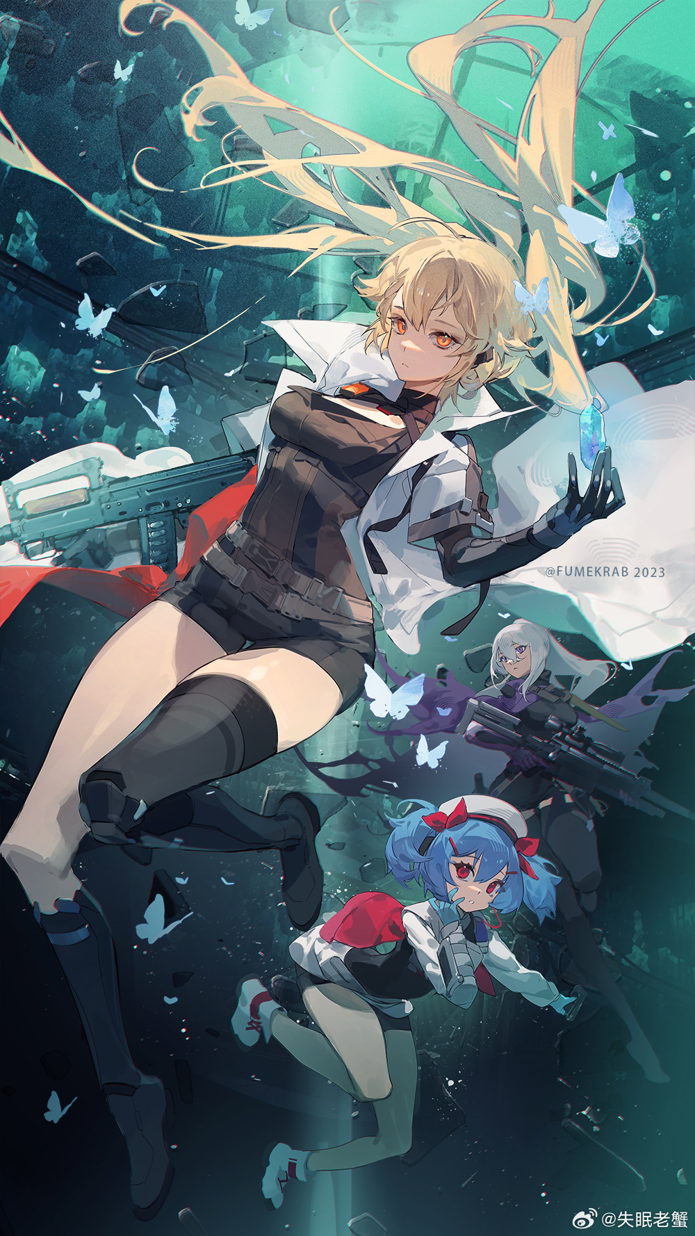 anti-materiel_rifle assault_rifle bolt-action_rifle bolt_action bug bullpup butterfly colphne_(girls&#039;_frontline_2) girls&#039;_frontline girls&#039;_frontline_2:_exilium groza_(girls&#039;_frontline_2) gun handgun highres insect krab_(fumekrab) long_hair multiple_girls nemesis_(girls&#039;_frontline_2) ots-14_(girls&#039;_frontline) ots-14_groza pocket_pistol rifle sig_san_511 sniper_rifle taurus_curve twintails weapon