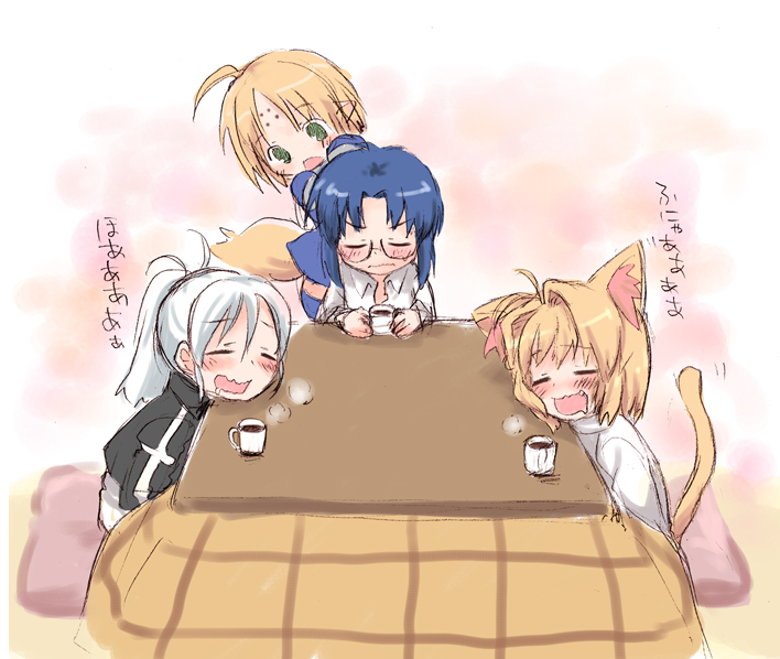 00s 4girls ^_^ ahoge animal_ears arcueid_brunestud blonde_hair blue_hair cat_ears cat_tail ciel_(tsukihime) closed_eyes cup closed_eyes glasses green_eyes hair_intakes kemonomimi_mode kotatsu melty_blood multiple_girls nanako nanako_(tsukihime) pikakoya pointy_ears ponytail riesbyfe_stridberg short_hair table tail teacup translation_request tsukihime white_hair