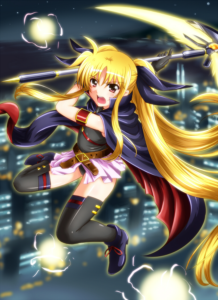 00s armband bardiche_(nanoha) bardiche_(scythe_form)_(nanoha) belt black_thighhighs blonde_hair blush cape diesel-turbo fate_testarossa fate_testarossa_(movie_1st_form) hair_ribbon long_hair lyrical_nanoha mahou_shoujo_lyrical_nanoha night open_mouth red_eyes ribbon scythe skirt solo thighhighs twintails very_long_hair weapon