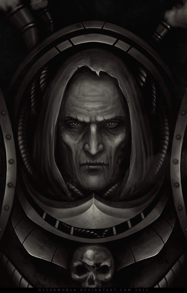 1boy armor black_background breastplate chapped_lips closed_mouth commentary dated death_guard deviantart_username english_commentary hood looking_at_viewer male_focus mask monochrome mortarion pauldrons portrait power_armor primarch rebreather respirator scar scar_on_face shoulder_armor simple_background skinny skull skull_ornament smoke solo straight-on torn_clothes veronica_anrathi warhammer_40k watermark web_address