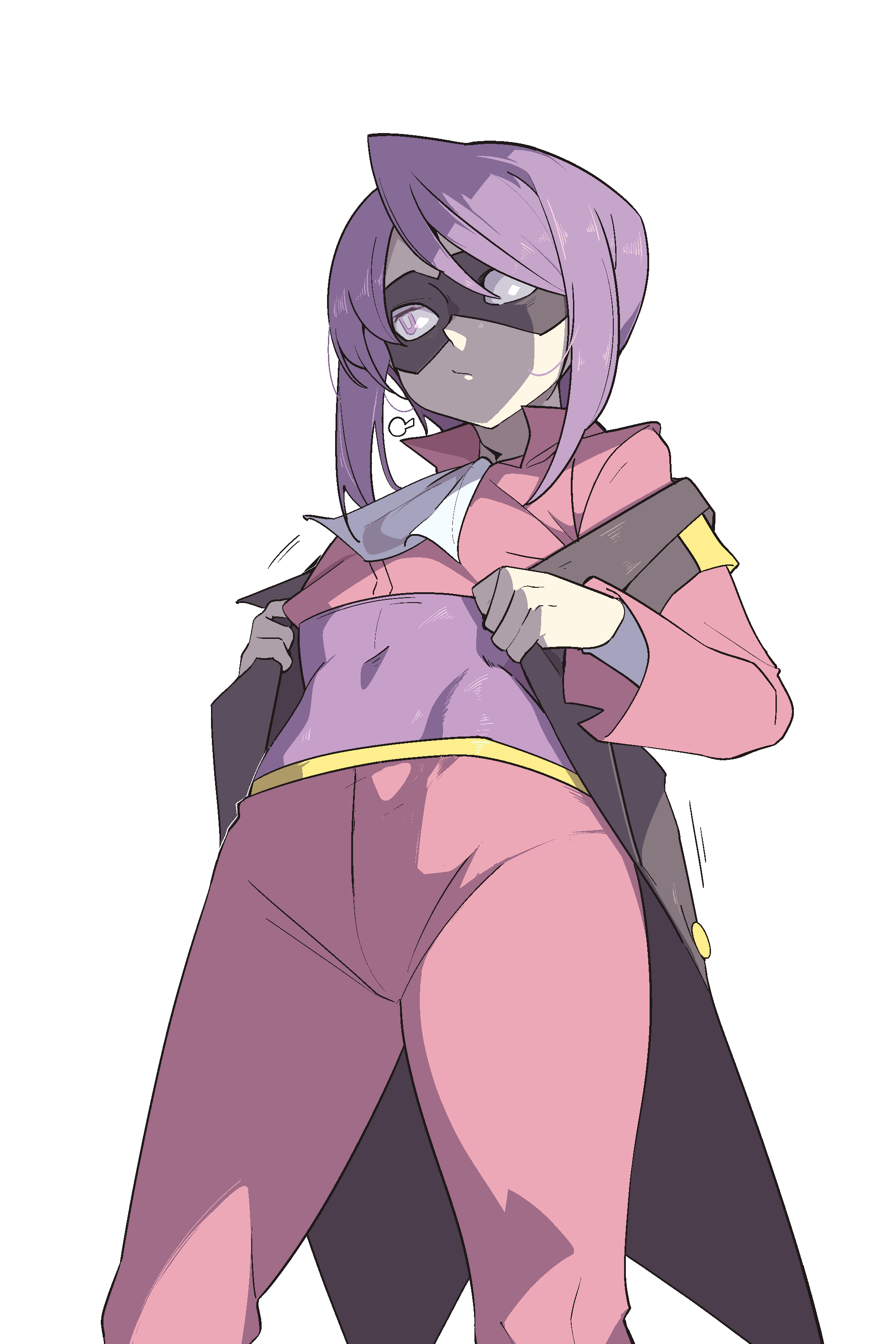 1boy absurdres ascot closed_mouth clothes_lift commentary_request covered_navel domino_mask grey_eyes highres kiwi_of_ruin korean_commentary lifting_own_clothes looking_down male_focus mask medium_hair nintendo pants pink_pants pink_shirt pokemon pokemon_hgss popped_collar purple_hair shirt shirt_lift solo transparent_background undershirt white_ascot will_(pokemon)
