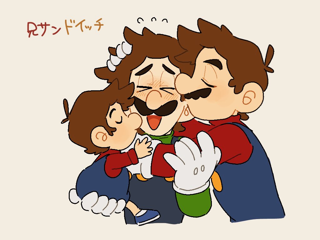 3boys baby_mario blue_overalls brown_hair facial_hair from_side full_body gloves green_shirt hat hug luigi male_focus mario mario_(series) mimimi_(mimimim9999) multiple_boys mustache nintendo overalls red_hat shirt translation_request